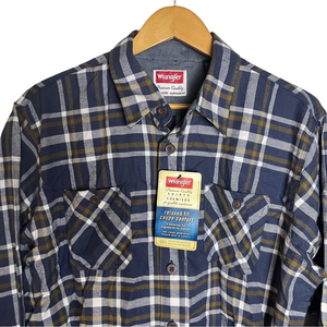 Wrangler NWT Navy White Plaid Button Down Shirt L Western Flannel Cowboy Country